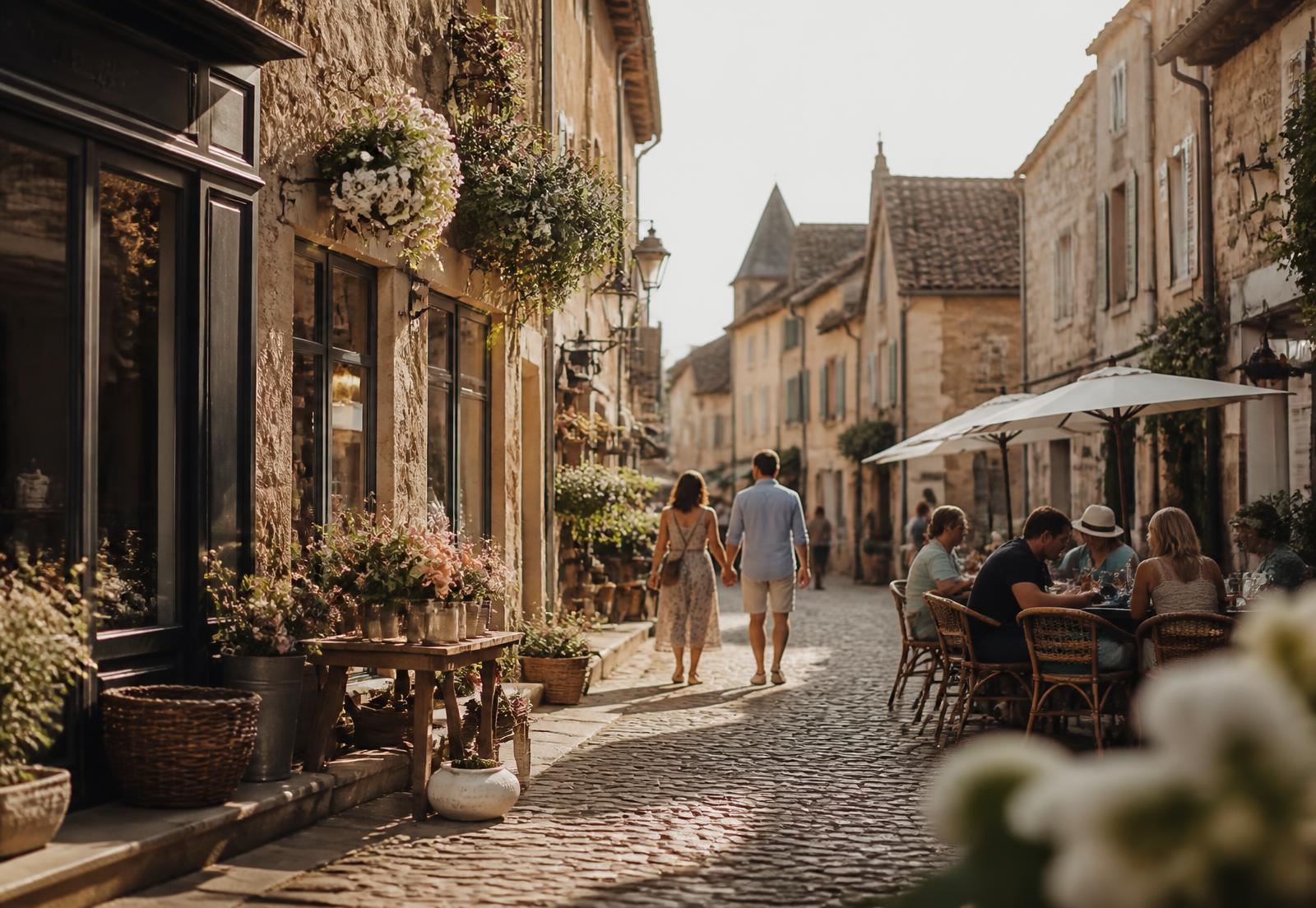 Une rue de village animée, terrasses, commerces et passants en fin de journée
