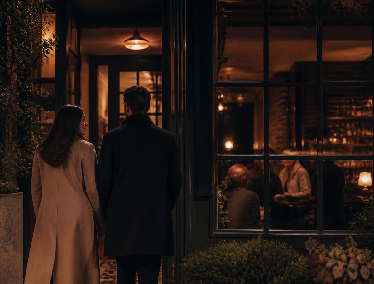 Une terrasse de bar éclairée à la tombée de la nuit