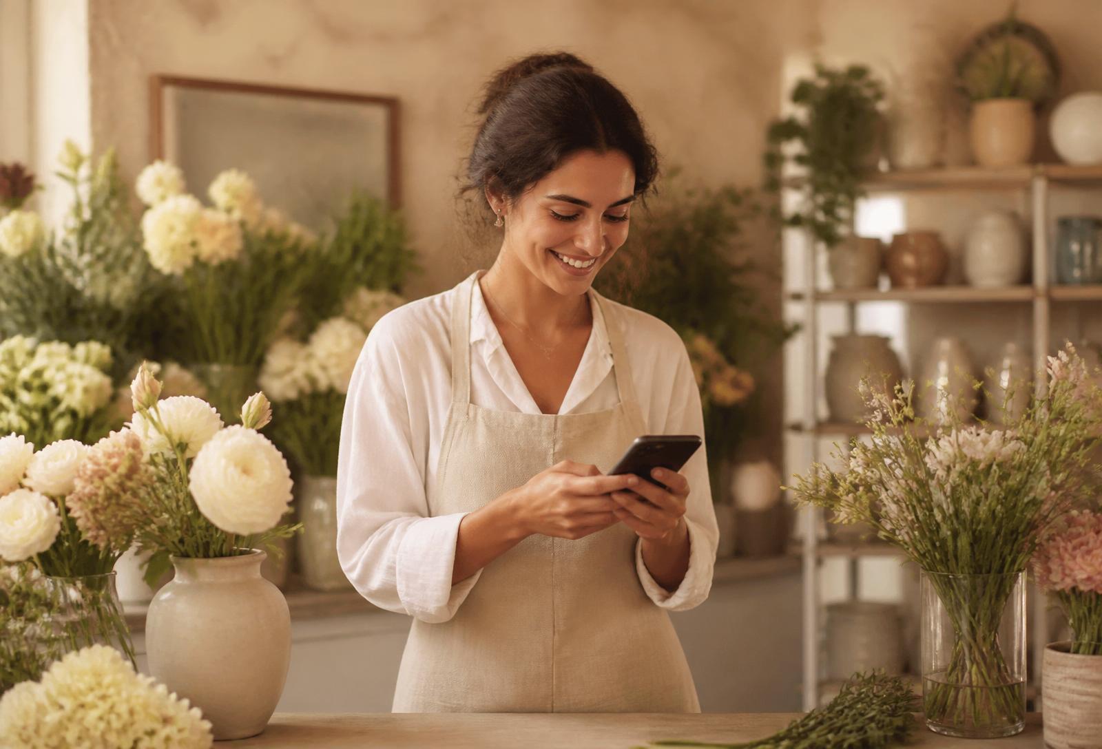 Une fleuriste indépendante consulte ses réservations depuis sa boutique